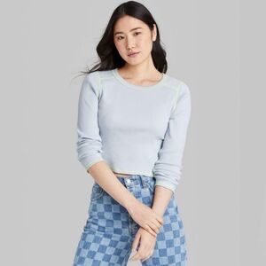 Wild Fable Women's Size Large Blue Ribbed Long Sleeve Slim Fit Baby T-Shirt